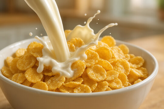 Golden Cornflakes Splashing with Fresh Milk in Morning Bowl