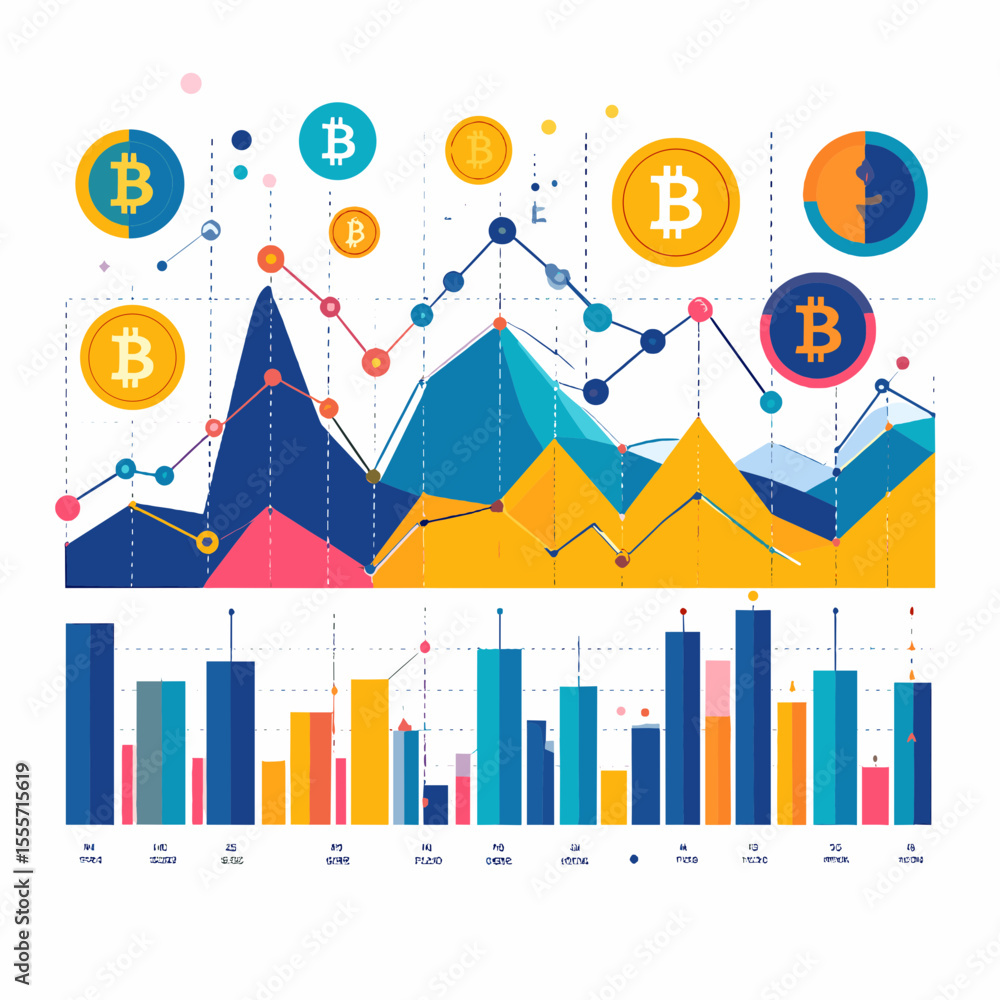 Poster bitcoin cryptocurrency market analysis with charts and graphs in blue and yellow color scheme