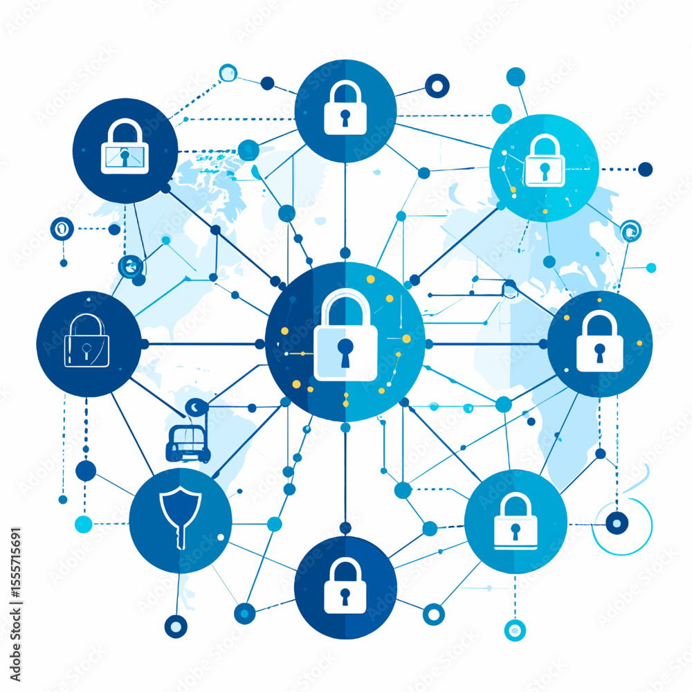 Poster blue cyber security network with padlocks connecting world map background