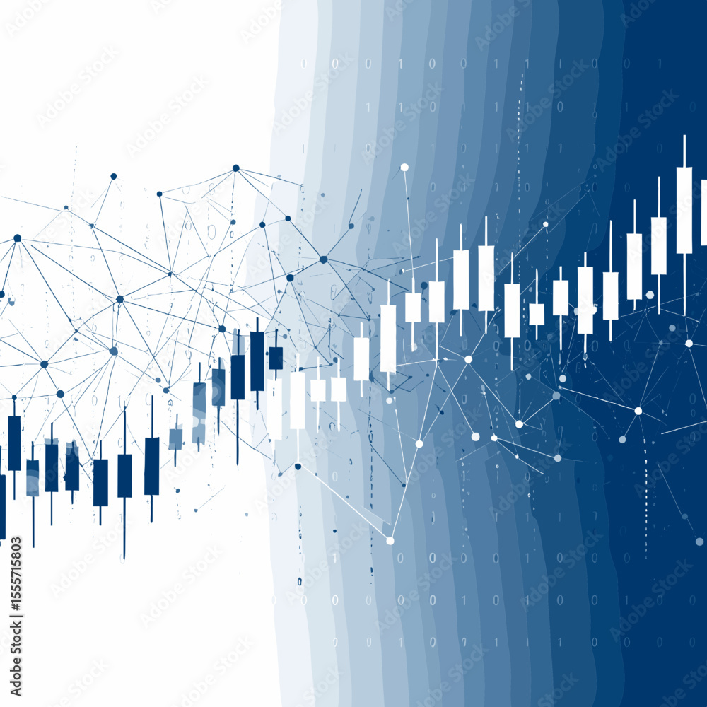 Poster blue stock market chart with candlestick patterns and wave background in abstract design