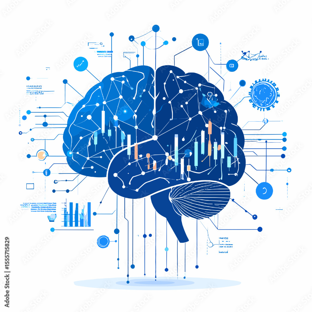 Aufkleber blue toned digital brain with data connections and neural network charts represents artificial intel