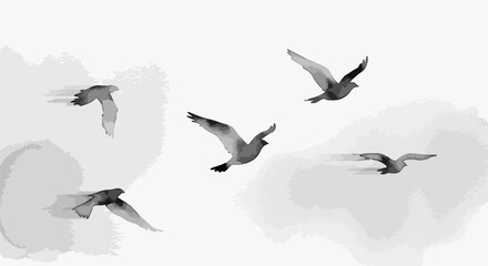 A minimalist watercolor of birds mid-flight in soft tones, representing freedom and lightness through abstract movement.

