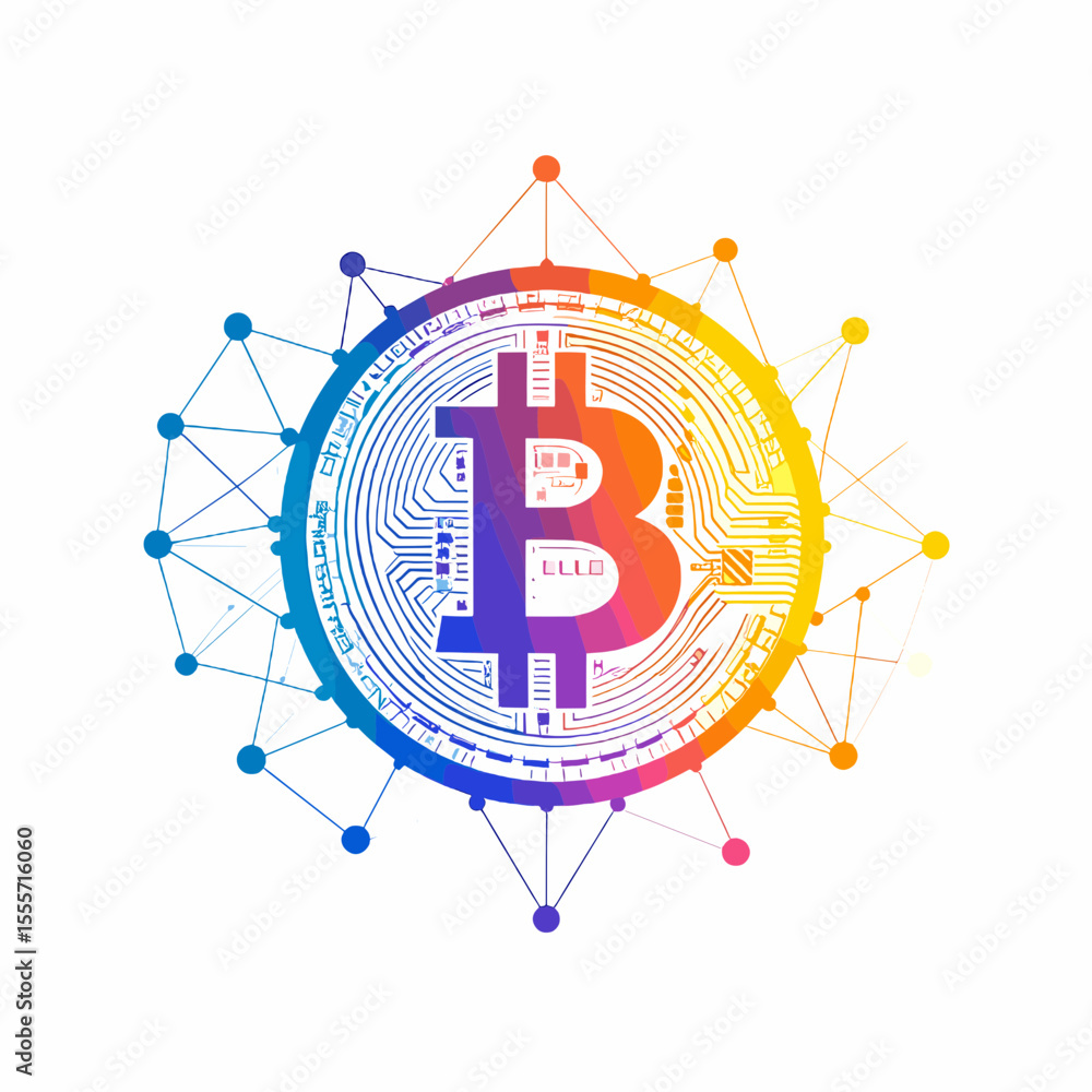Poster colorful bitcoin symbol with intricate circuit design and connecting network on white background ill