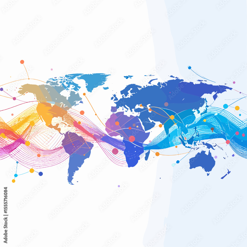 Poster colorful world map network with dot connections on white background representing global communicatio