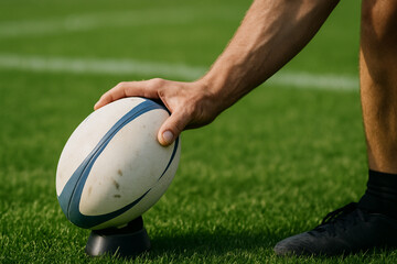 Rugby ball set on tee for precise kick, match preparation moment