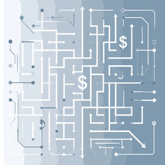Complex Blue and White Maze with Dollar Signs Navigating Financial Success and Strategic Pathways Illustration