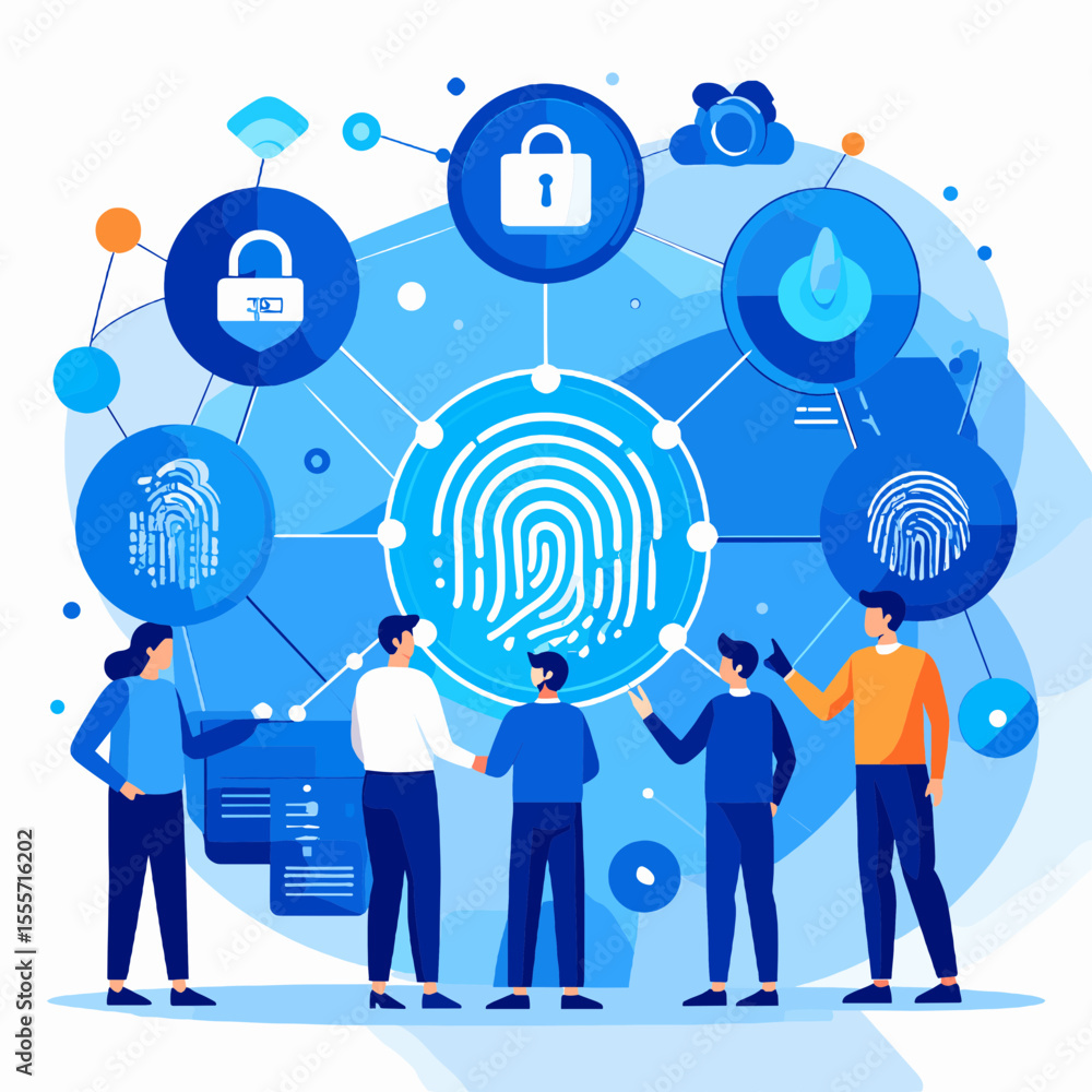Poster cybersecurity network with blue fingerprint surrounded by team members in a technological cloud syst