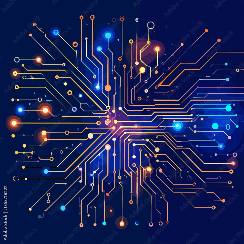 Poster detailed circuit board design with interconnected lines and glowing components on dark blue backgrou