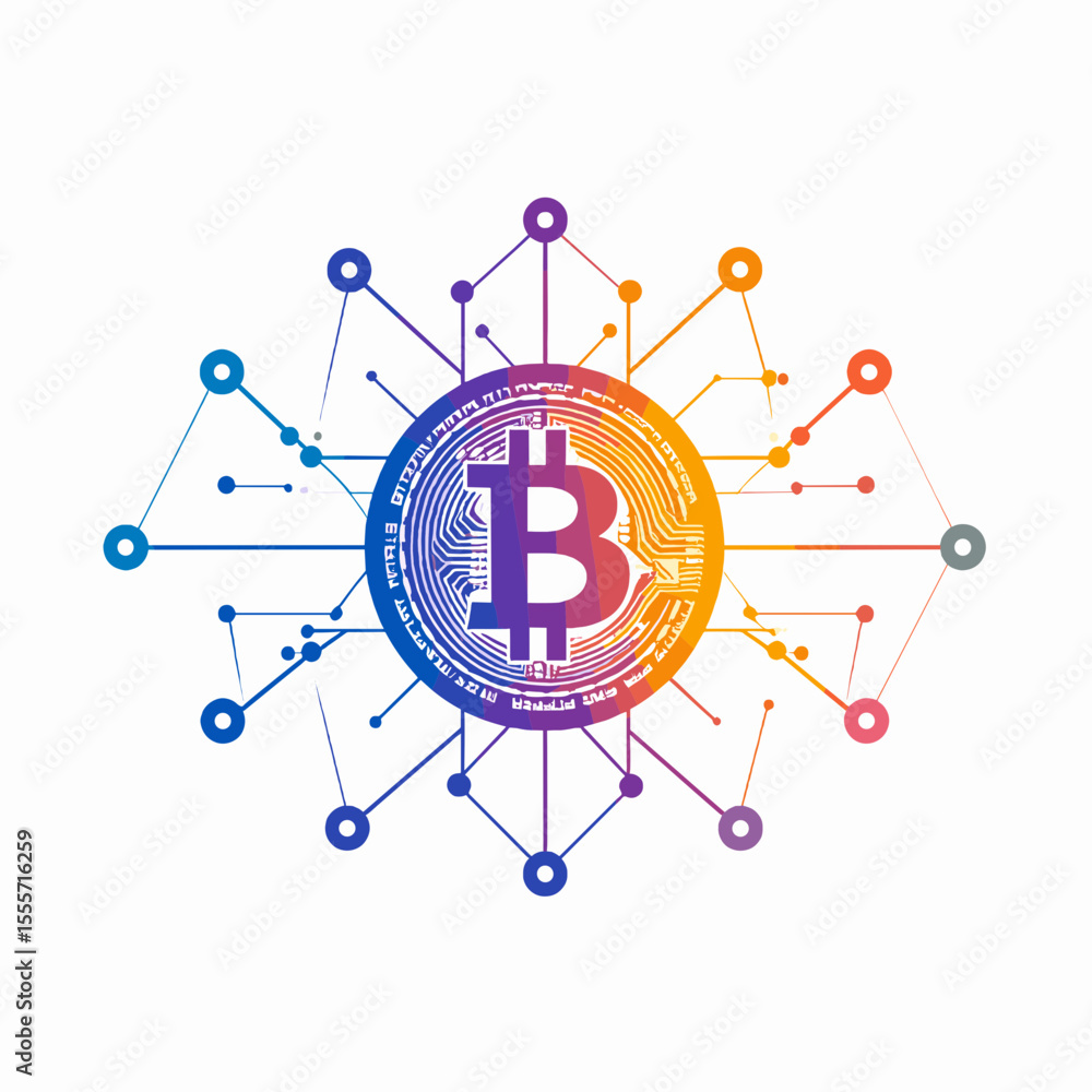 Aufkleber digital bitcoin cryptocurrency network connection with abstract blue and orange geometric design on 