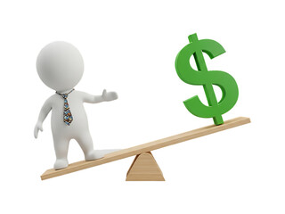 3D Business Character on Seesaw with Dollar Sign Representing Financial Balance – Isolated on Transparent Background