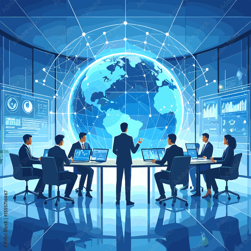 Poster global business meeting with digital network connection and data analysis in a modern office with pi