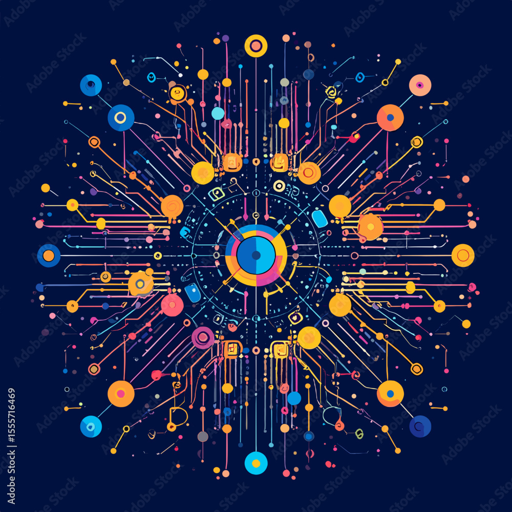 Poster geometric abstract pattern of circles squares and lines with vivid color palette on dark blue backgr