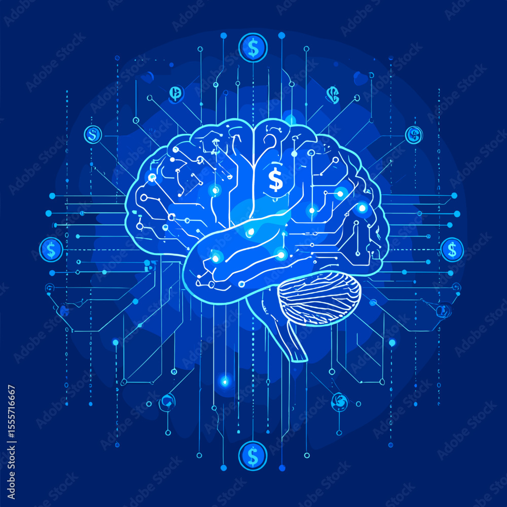 Poster glowing brain with circuitry representing artificial intelligence on a blue digital background