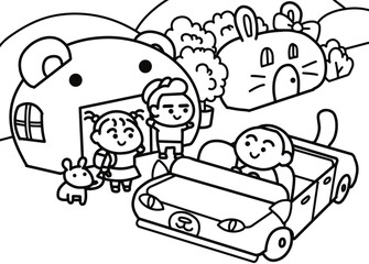 A little boy drives to pick up his friend 