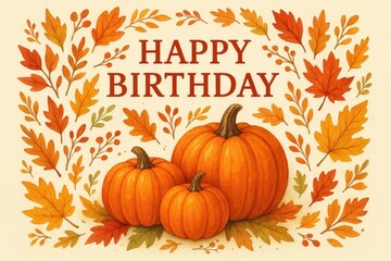 Autumn birthday card with pumpkins, fall leaves, warm colors, harvest theme, birthday celebration
