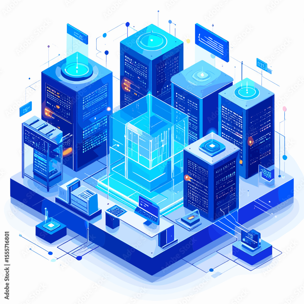 Poster isometric data center illustration with blue server racks and network connections for cloud computin