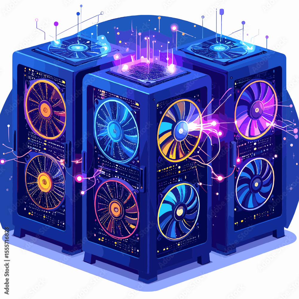 Poster isometric illustration of three blue computer servers with spinning fans and data stream in a dark d