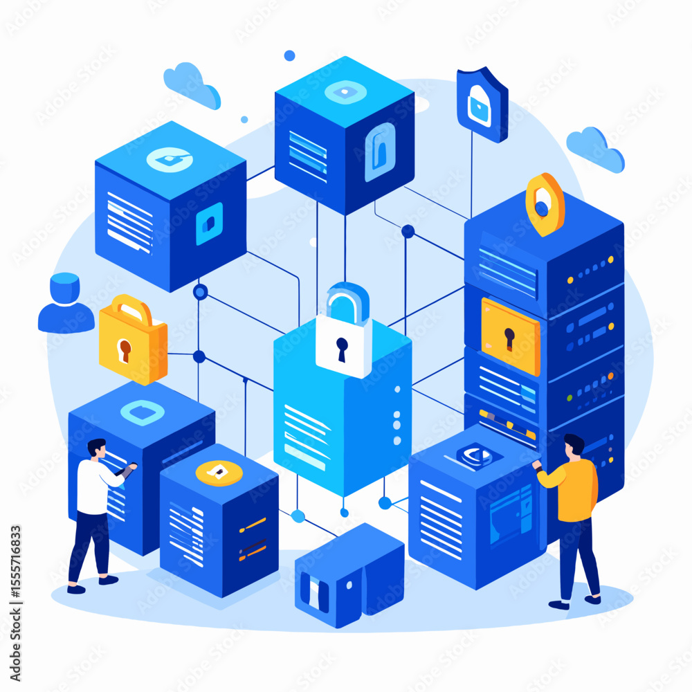 Poster isometric network security illustration featuring data blocks and figures in white blue and yellow c
