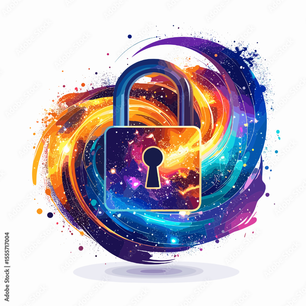 Poster padlock floating within a swirling galaxy digital art illustration for internet security concepts