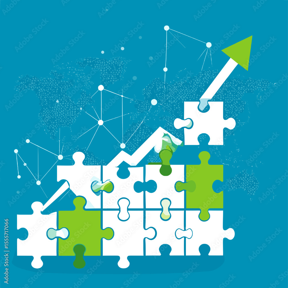 Poster puzzle piece chart representing growth with green arrow on blue background representing strategic su