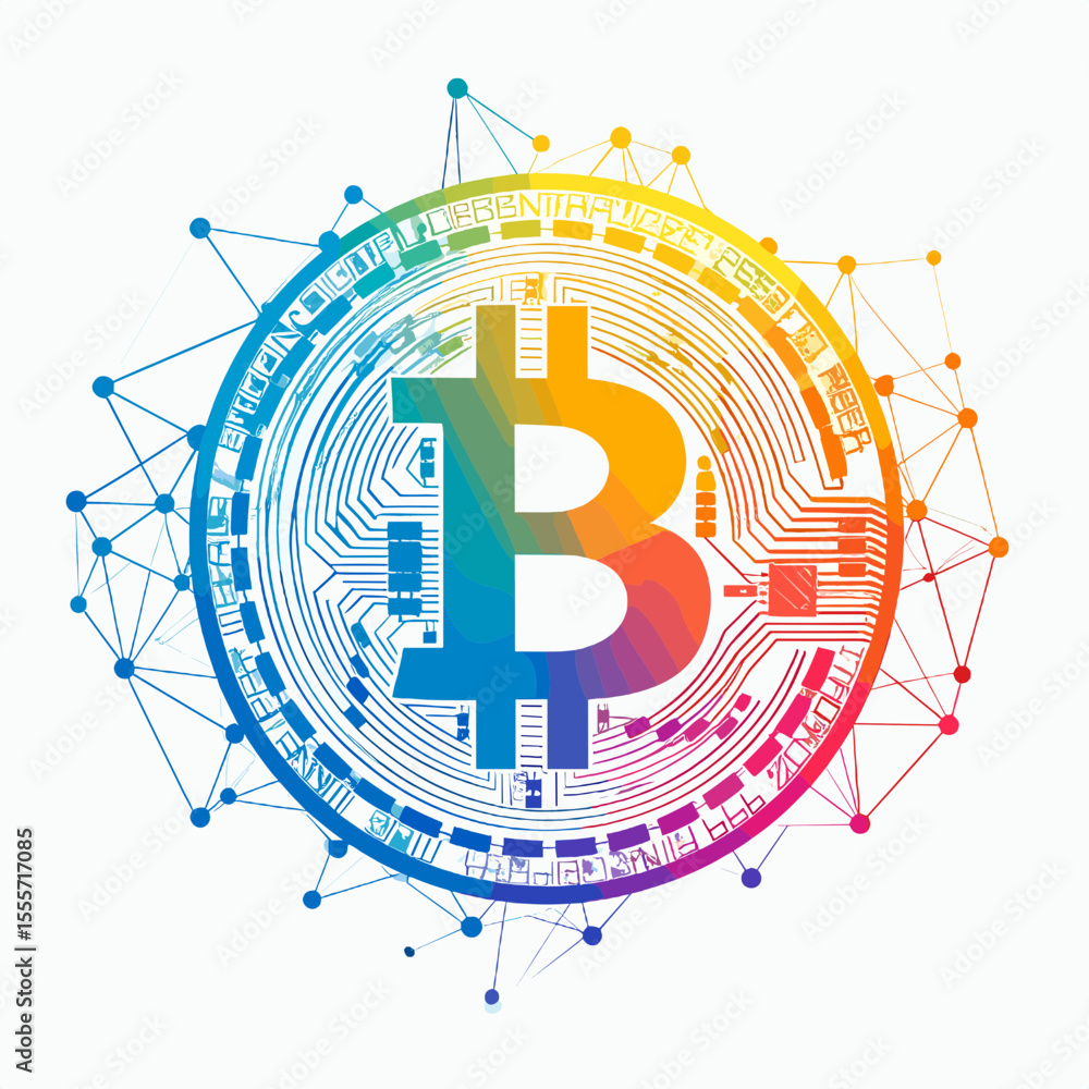 Poster rainbow bitcoin crypto currency symbol with digital network connection on white background