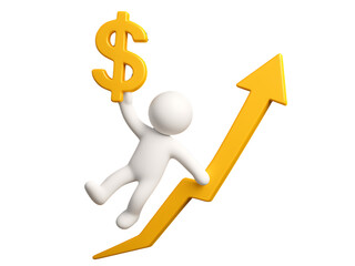 3D Character Holding Dollar Sign on Rising Arrow Graph – Isolated on Transparent Background