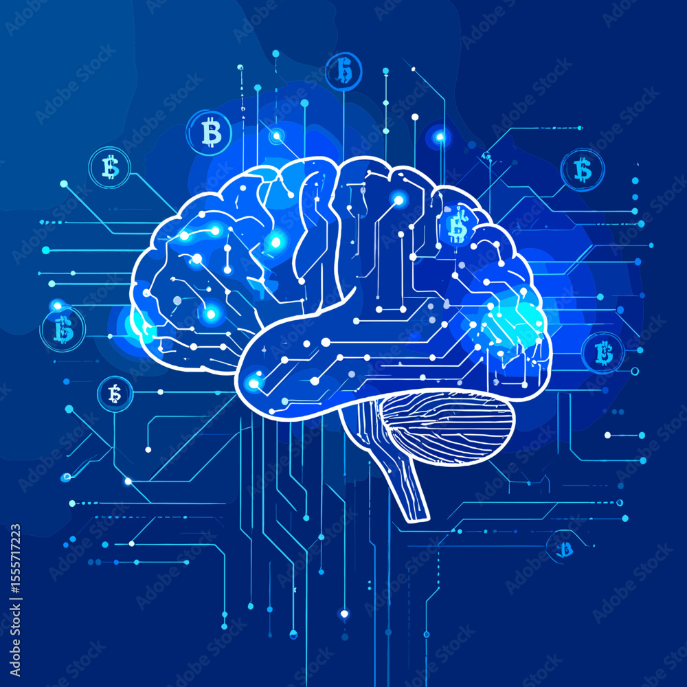 Poster stylized white brain symbol with circuit board texture on blue background representing artificial in