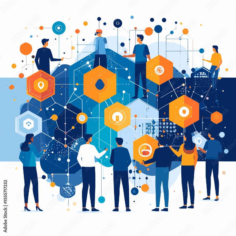 Poster team of people connecting in a global network with abstract shapes and blue orange color scheme for 