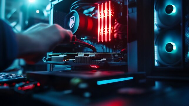 Inside a high-end gaming computer with colorful RGB lighting components