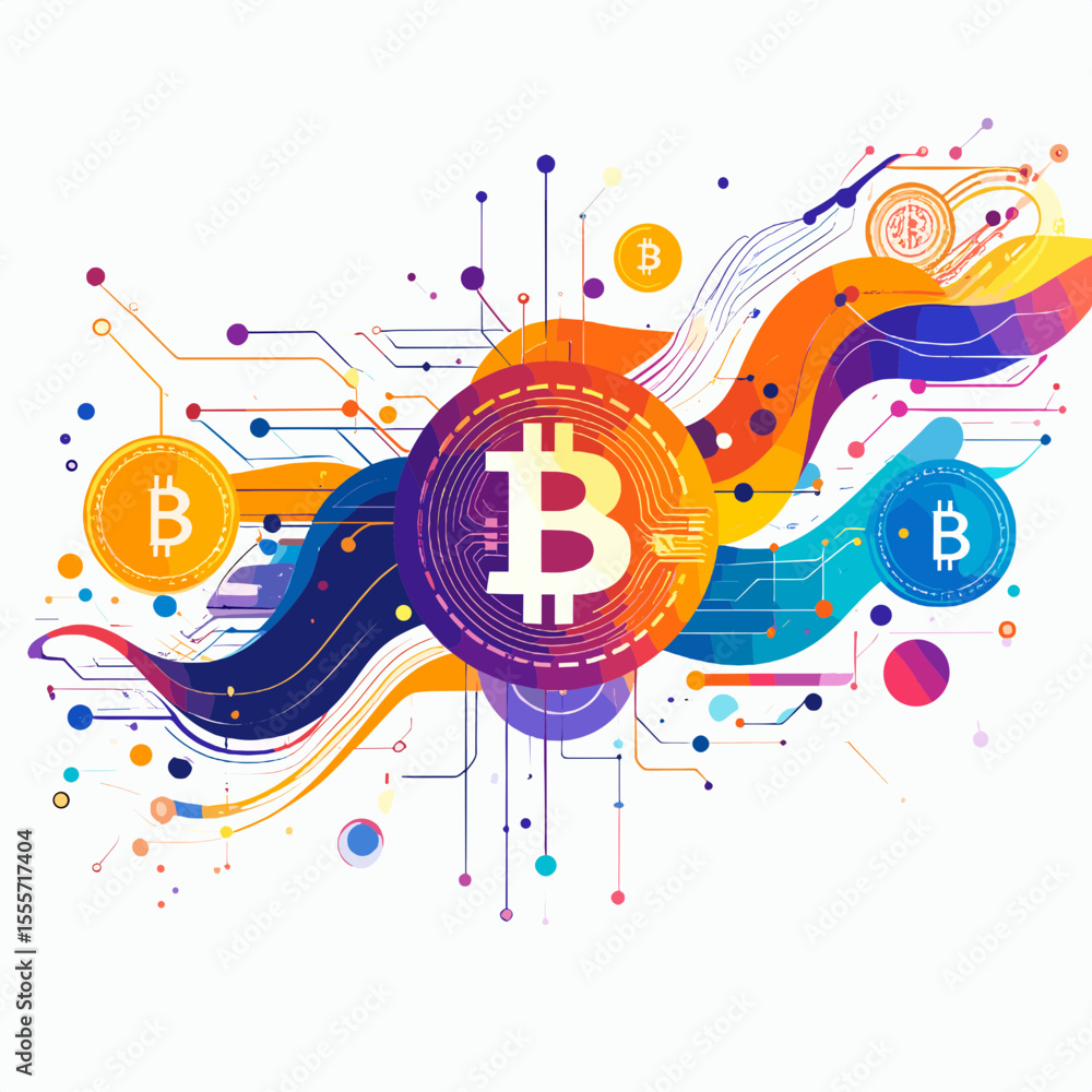 Poster vibrant bitcoin cryptocurrency concept with abstract wave graphic design on white background featuri