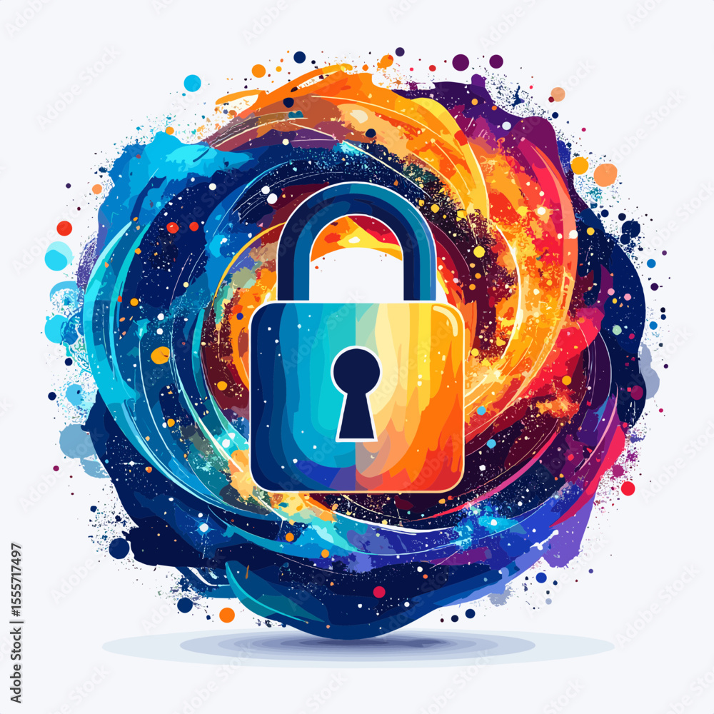 Poster vibrant digital lock protecting cyber security with abstract swirls on white background