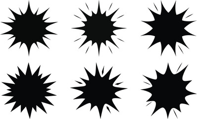 Vector art of six black starburst shapes isolated on transparent background, ideal for design projects
