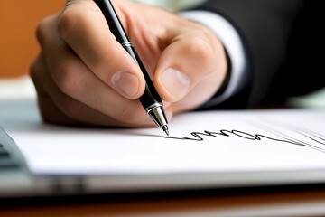 Hand signing document with pen writing