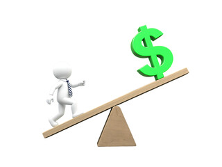 3D Businessman Balancing on SeeSaw with Dollar Sign – Isolated on Transparent Background