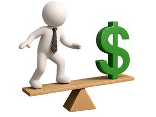 3D Businessperson Balancing Dollar Sign on Seesaw – Isolated on Transparent Background