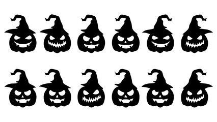 Set of black pumpkins in hats silhouette on tranparent background