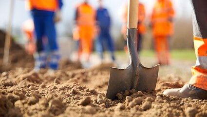 A shovel digs into the earth as construction workers stand nearby