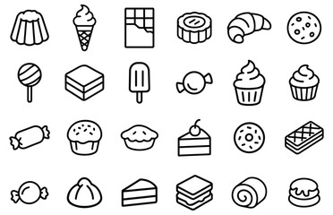 Collection of delightful dessert icons featuring cakes, pastries, and sweets in black and white outlines