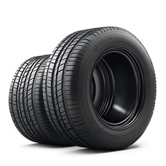 Close up of a stack of new car tires with detailed tread patterns isolated on white background