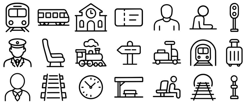 A comprehensive collection of train travel line icons showcasing various aspects of railway transportation systems
