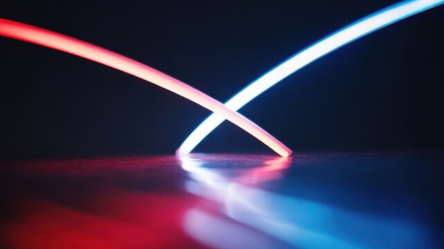 Abstract light trails in red and blue on reflective surface