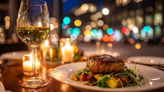Steak dinner with wine at a fancy restaurant fine dining experience night out