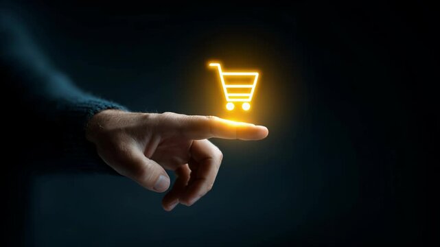 A hand reaches out to touch a glowing shopping cart symbol, representing the ease of online purchases in today&rsquo;s digital age.
