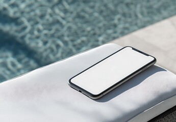 Modern smartphone resting on white cushion near swimming pool mobile phone device