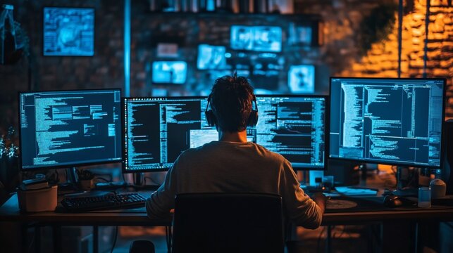 Software Developer Working on Multiple Screens in Dark Room at Night