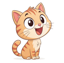 Cartoon kitten jumping joyfully, fluffy fur and wide smile, clean white backdrop.