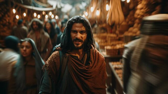 Ancient Market: A captivating cinematic scene captures a determined man traversing a bustling marketplace from a historical era. The air is thick with the energy of commerce. 