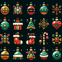 Christmas ornaments, festive mood, colorful illustrations, arranged in a grid