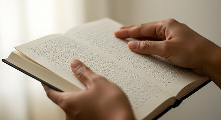 Hands reading braille book close up