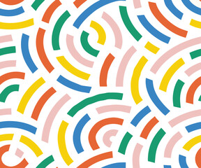 abstract background with circles.Multicolor abstract background in retro 80s, 90s style with various shapes: circles, semicircles, dots, zigzags, spirals, wavy lines. Cute kid doodle design
